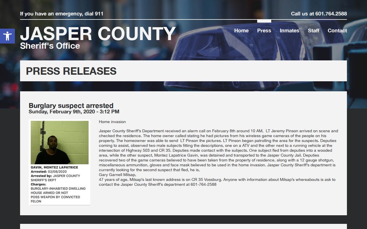 Jasper County Sheriff official press release index