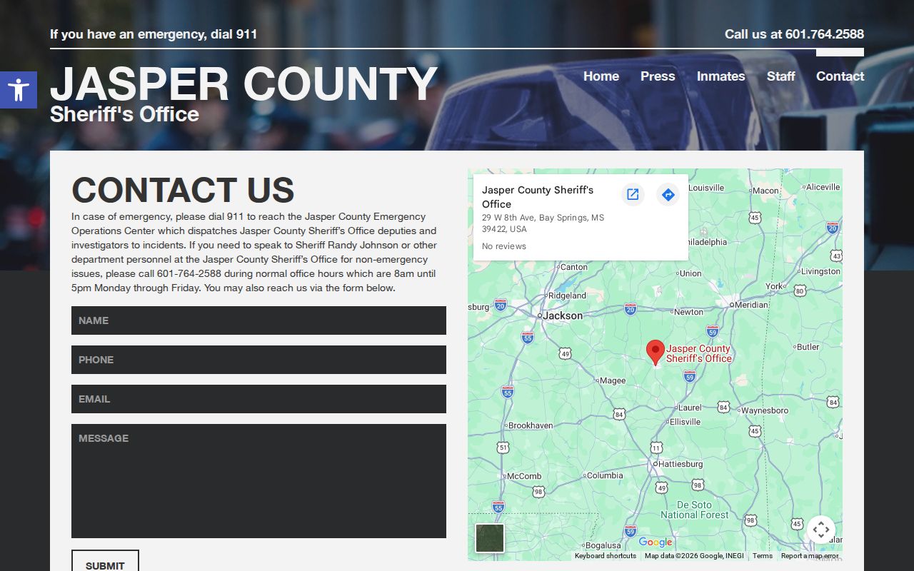 Jasper County Sheriff contact page